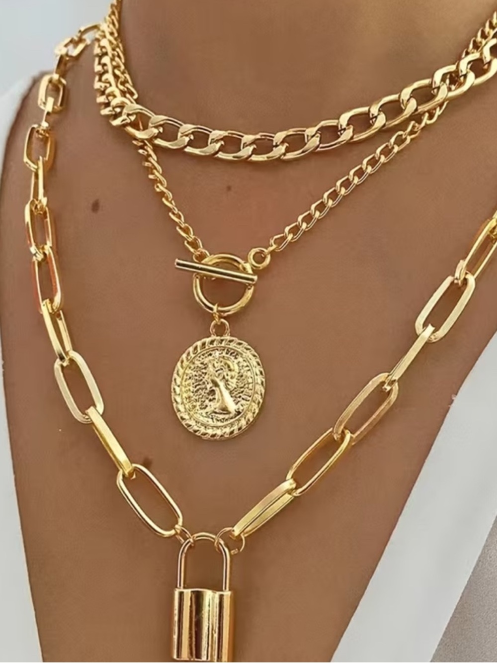 Layered Gold Coin & Padlock Necklace Trio - Women's Jewelry 3 Necklaces